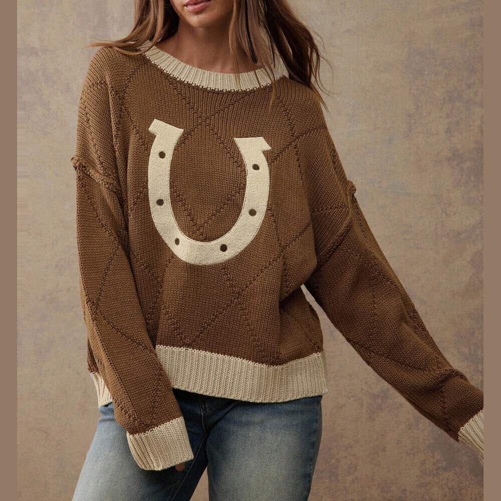 Brown Horseshoe Embroidered Contrast Trim Knit Crew Neck Sweater